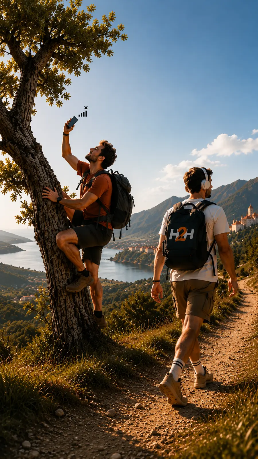 Un viaggiatore si arrampica su un albero per cercare segnale mentre un altro cammina tranquillo con lo zaino H2H verso la rocca